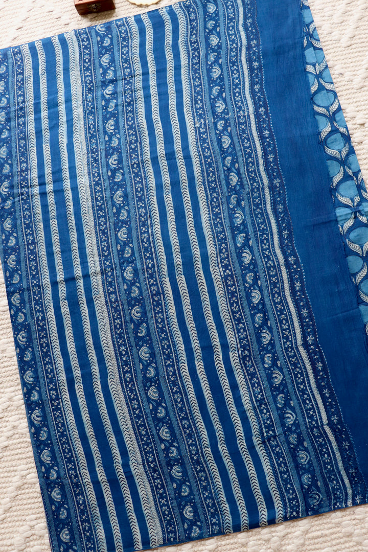 AKOLA INDIGO HAND BLOCK DABU PRINTED SOFT MULMUL COTTON SAREE- 020