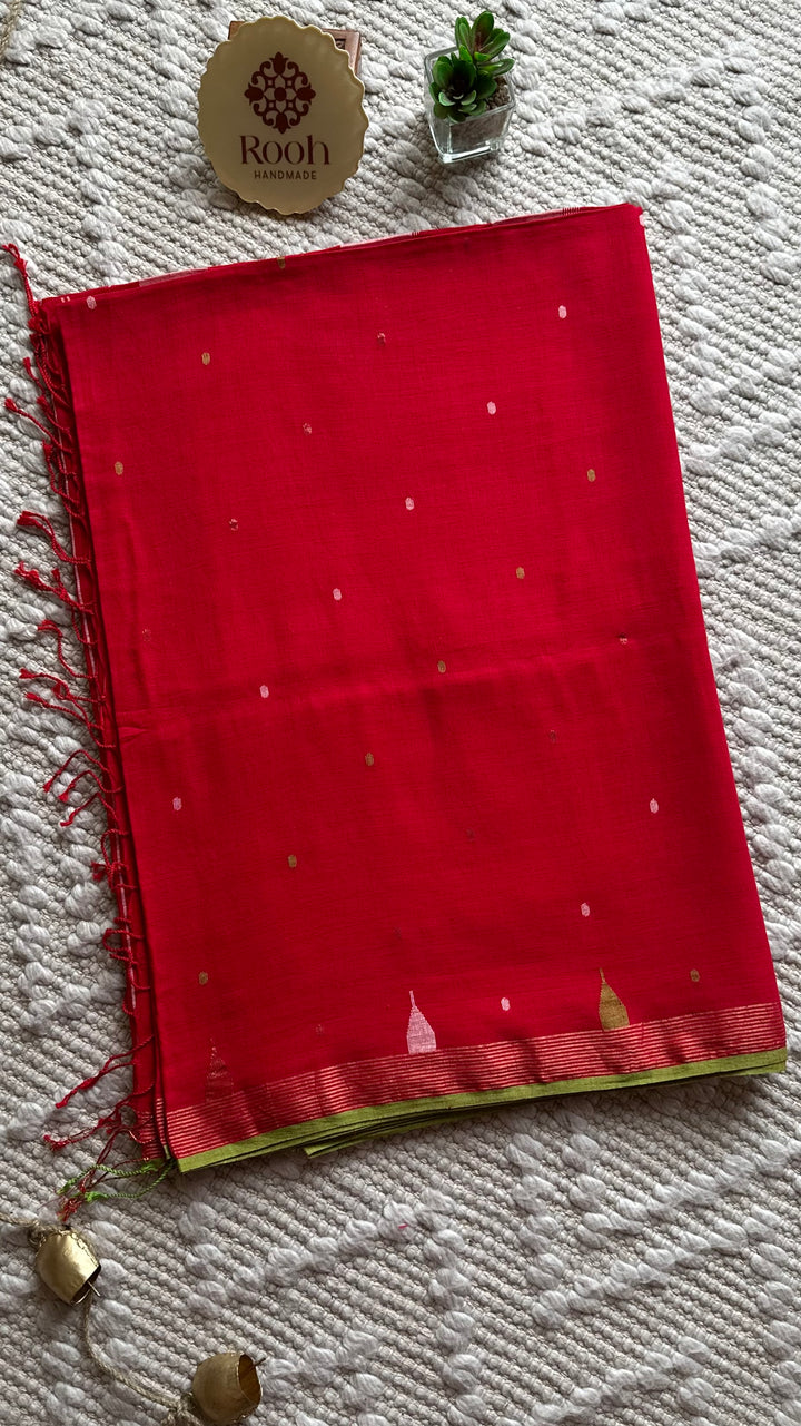 PREMIUM JAMDANI WEAVE HANDWOVEN AND HANDSPUN COTTON SAREE - CRIMSON RED