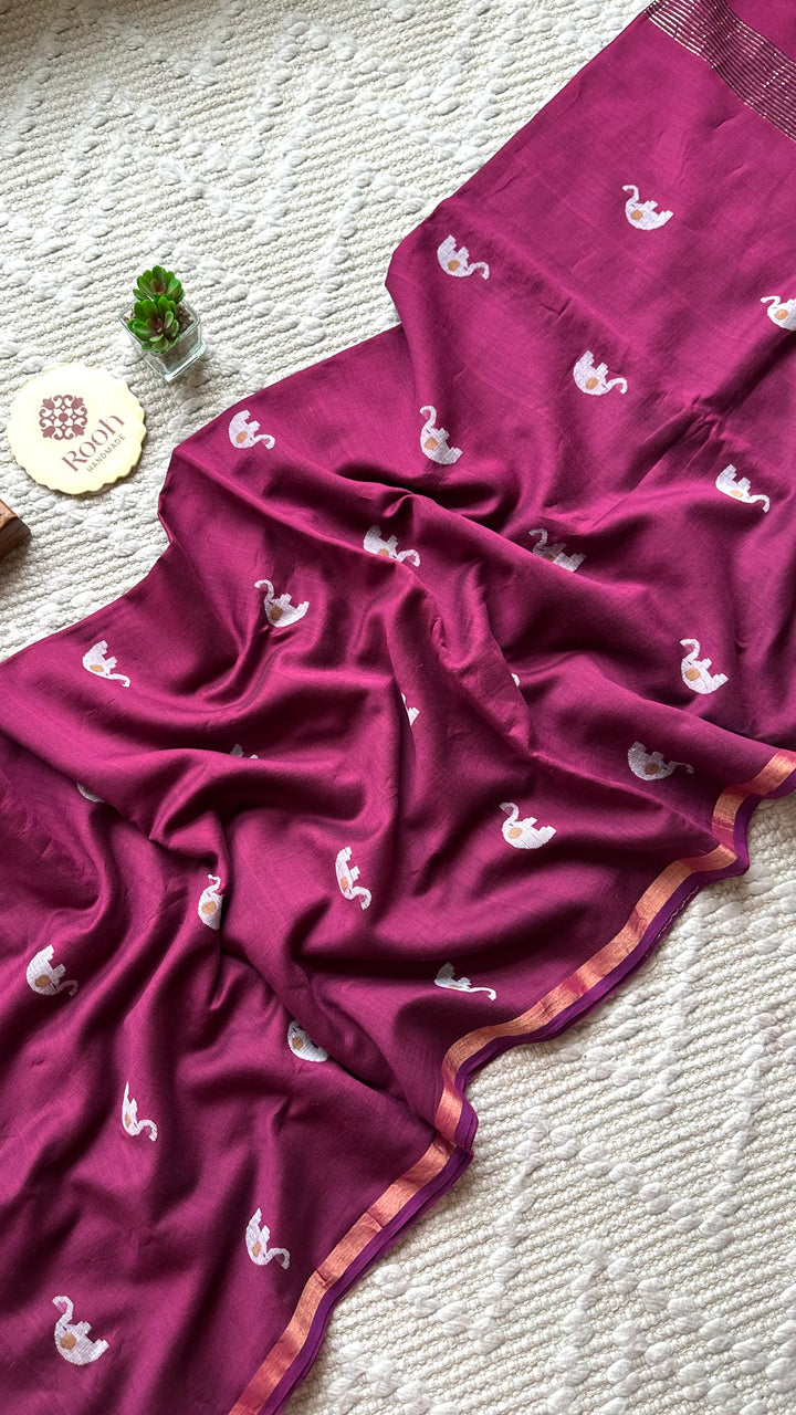 PREMIUM JAMDANI WEAVE HANDWOVEN PURE SILK BY PURE COTTON SAREE - ROYAL MAGENTA