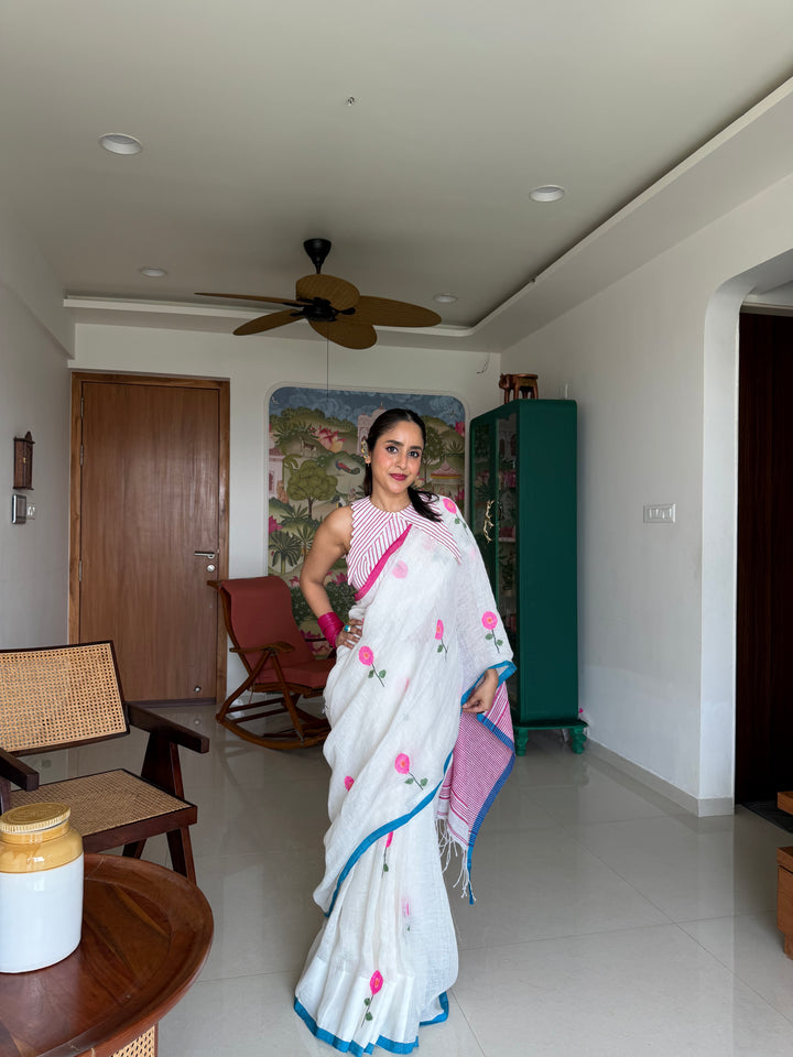 SUPER PREMIUM HANDWOVEN NEEDLE-WORK JAMDANI JAYASHREE LINEN SAREE - SUNFLOWERS ON IVORY