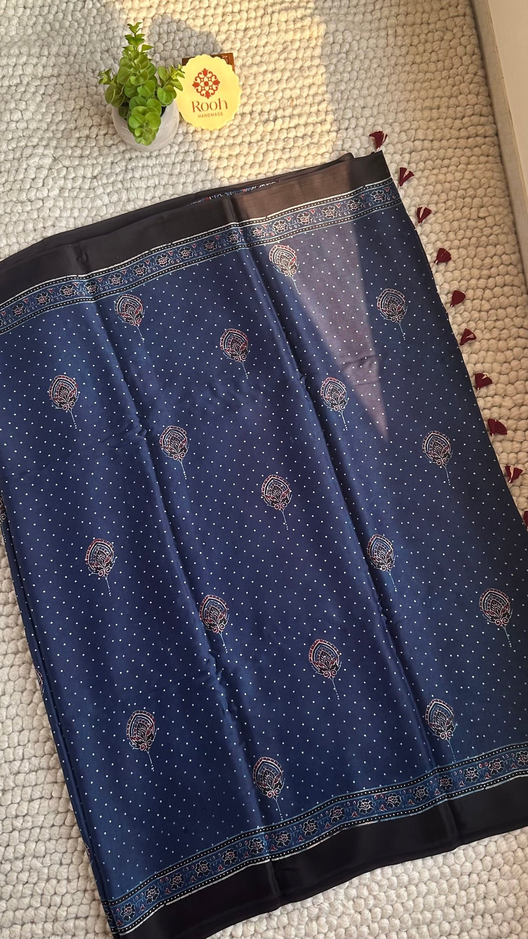 INDIGO BLOOMS - PREMIUM HALF AND HALF AJRAKH HAND BLOCK PRINTED PREMIUM MODAL SILK SAREE