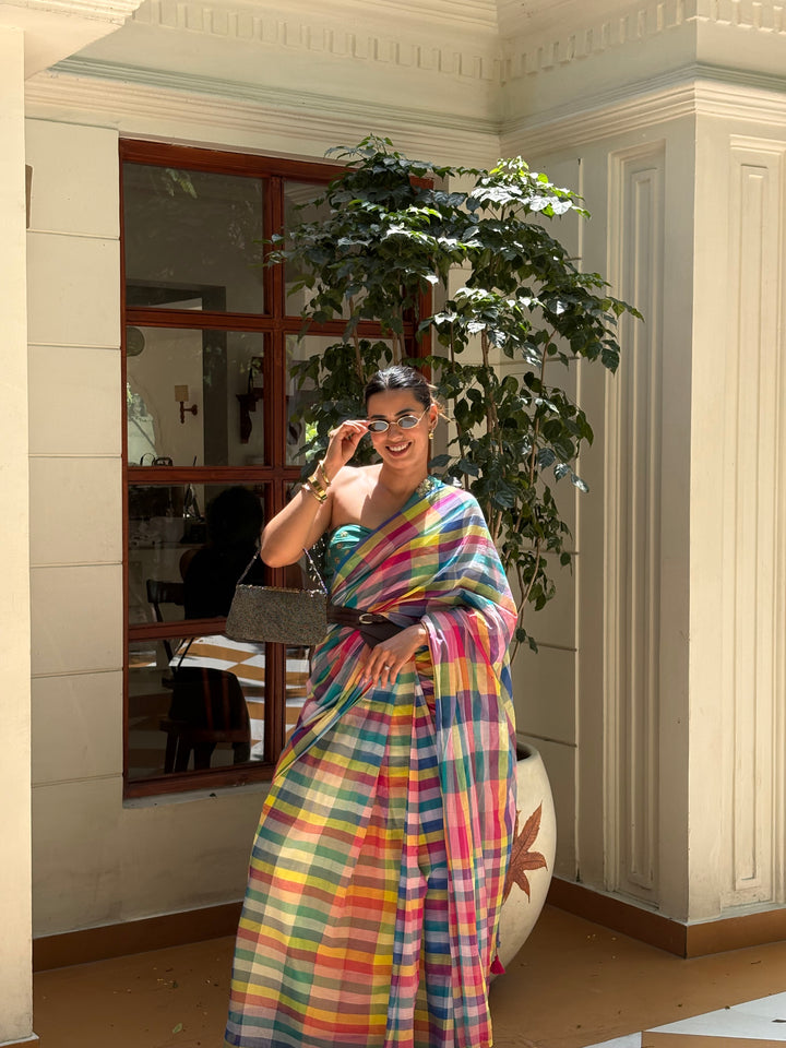 HANDWOVEN MULTICOLOUR CHECKERED MULMUL COTTON SAREE - 05 (DISPATCH TIME - 7 TO 10 DAYS)