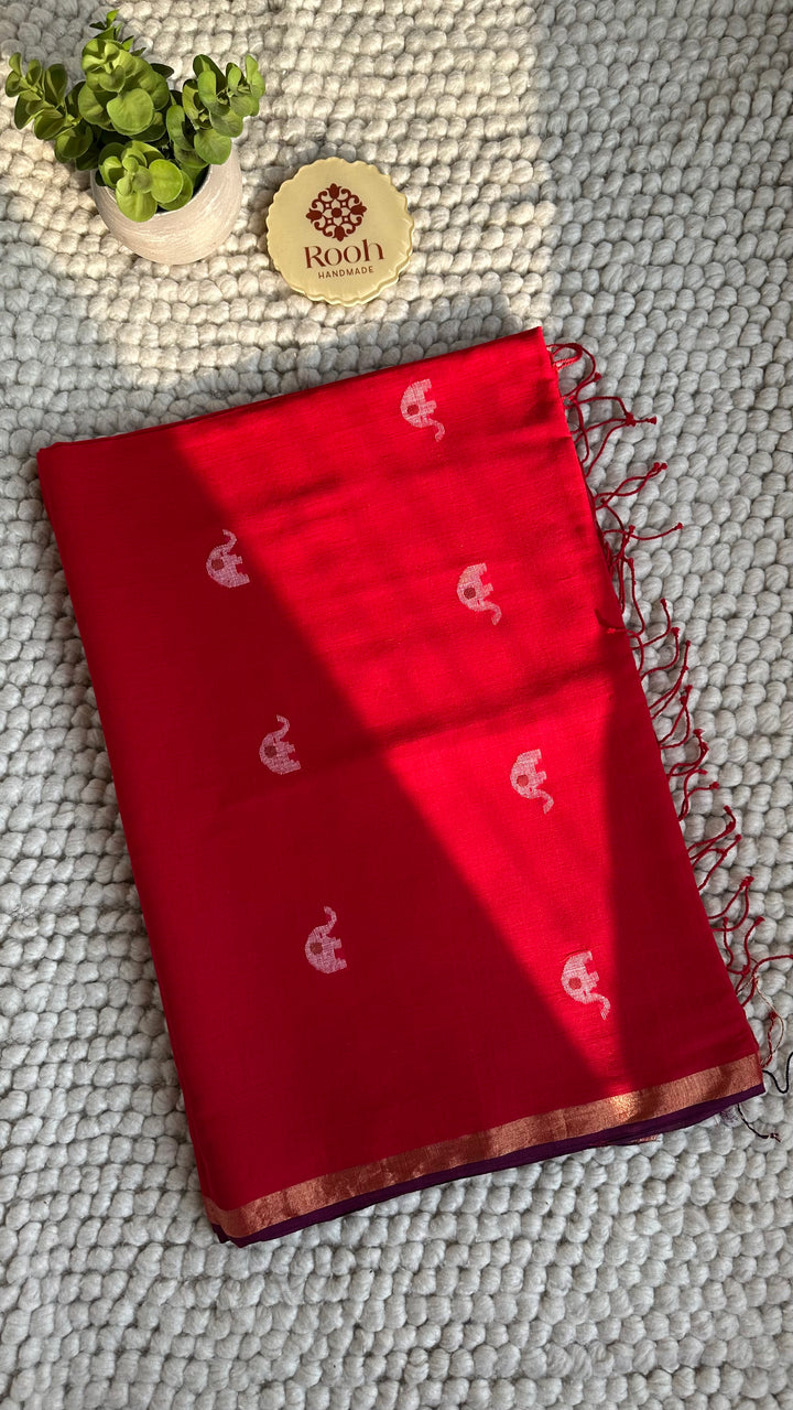 PREMIUM JAMDANI WEAVE HANDWOVEN AND HANDSPUN COTTON SAREE - CANDID RED