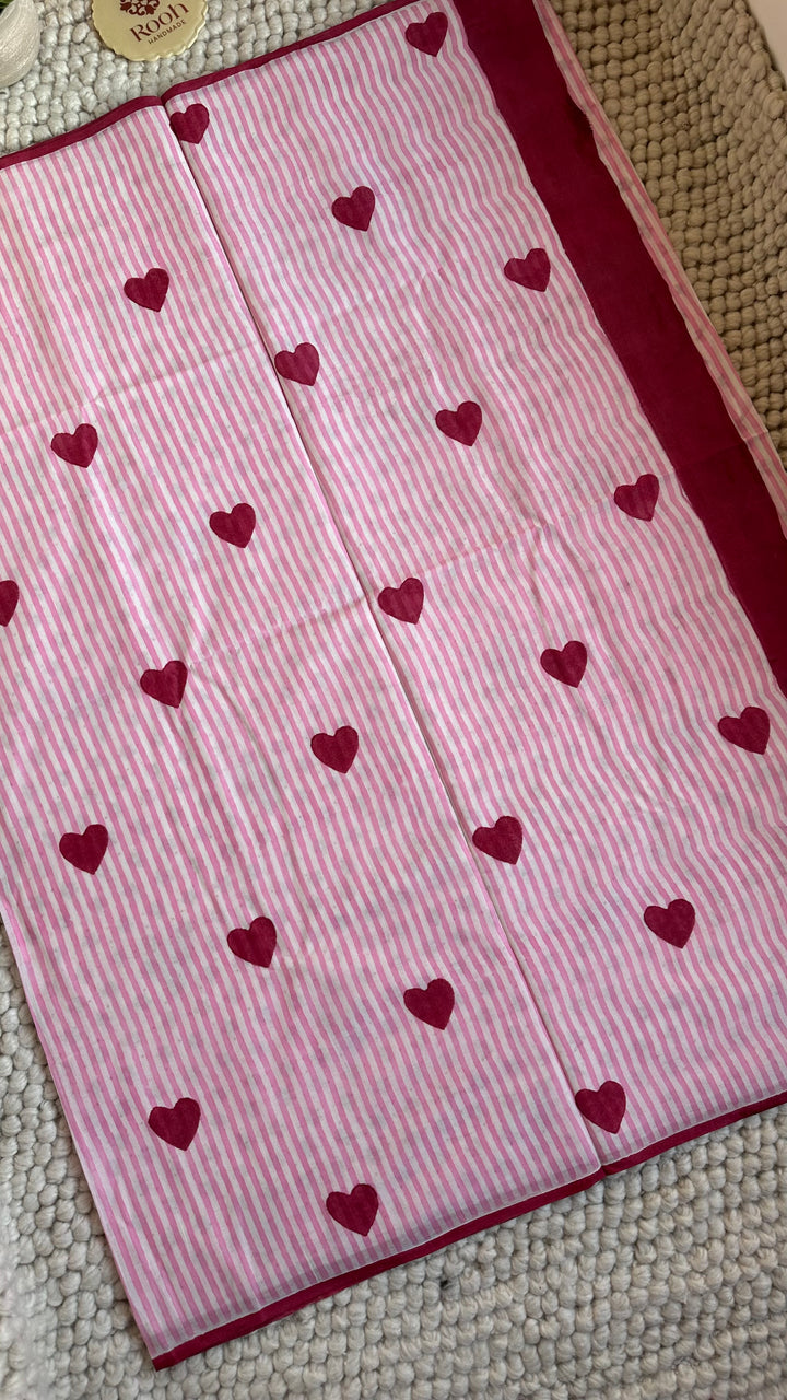 SANGANERI HAND BLOCK PRINTED SOFT MULMUL COTTON SAREE- CANDID HEARTS