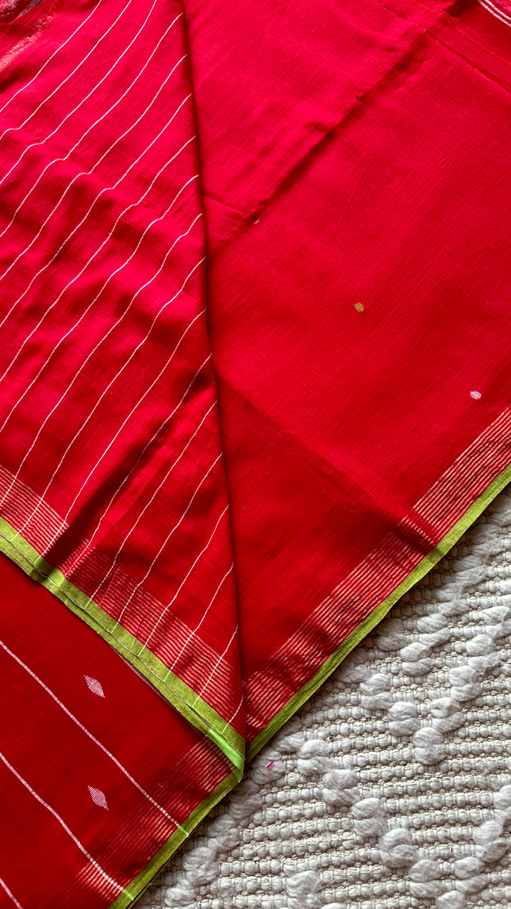 PREMIUM JAMDANI WEAVE HANDWOVEN AND HANDSPUN COTTON SAREE - CRIMSON RED