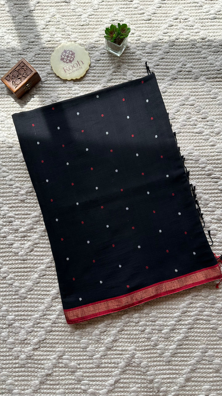 PREMIUM JAMDANI WEAVE HANDWOVEN AND HANDSPUN COTTON SAREE -  POLKA DOTS ON MIDNIGHT BLACK