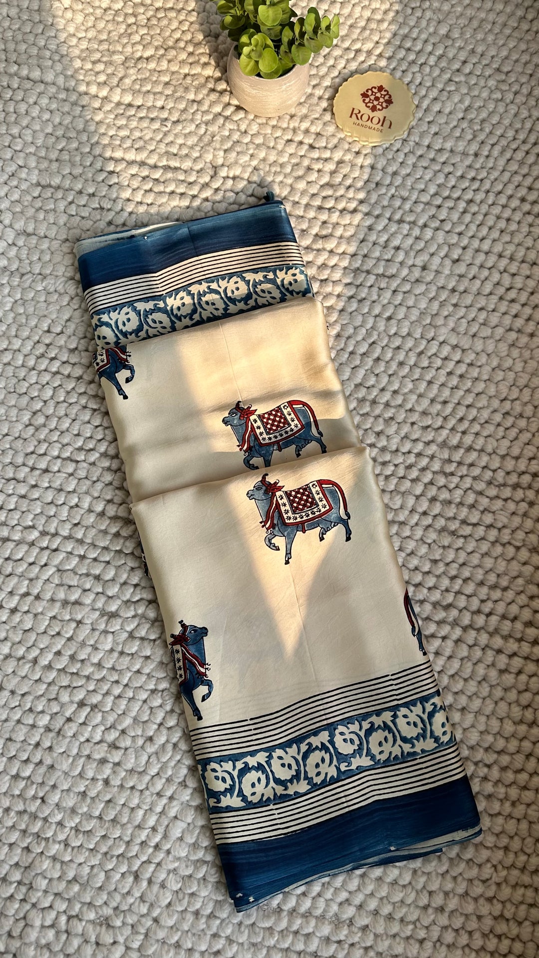 IVORY AND INDIGO PICHWAI  - AJRAKH HAND BLOCK PRINTED PREMIUM MODAL SILK SAREE (ONLY AVAILABLE ON PRE-ORDER - DISPATCH TIME IS 30-35 DAYS)