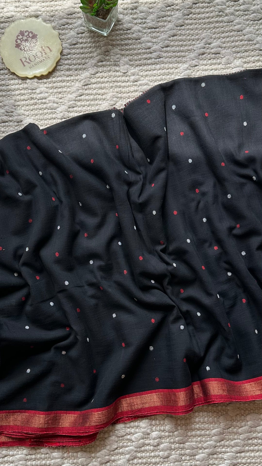 PREMIUM JAMDANI WEAVE HANDWOVEN AND HANDSPUN COTTON SAREE -  POLKA DOTS ON MIDNIGHT BLACK