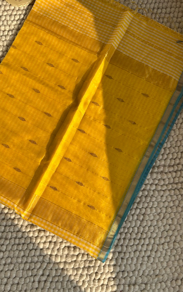 SUNSHINE YELLOW CHECKS - PREMIUM HANDWOVEN MAHESHWARI SILK BY COTTON SAREE (DISPATCH TIME IS 15-20 DAYS)