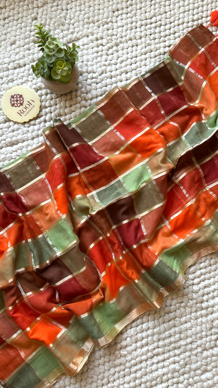 HANDWOVEN MULTICOLOUR CHECKERED MULMUL COTTON SAREE - 02 (DISPATCH TIME - 5 TO 7 DAYS)