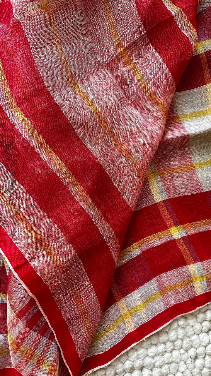 Multi Colour Checked Pure Handwoven Linen Saree - 003