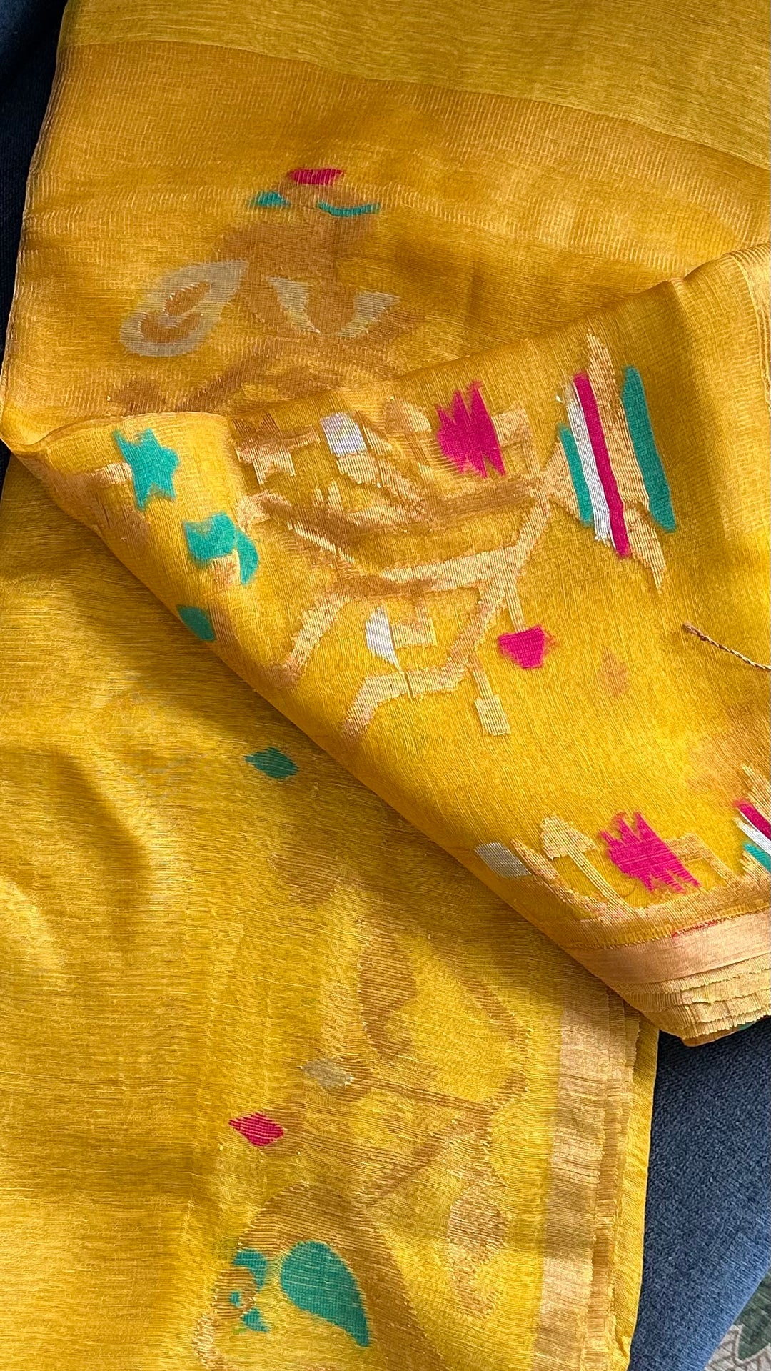 SUPER PREMIUM HANDWOVEN JAYASHREE LINEN BY TISSUE SILK NEEDLE-WORK JAMDANI SAREE - MUSTARD YELLOW