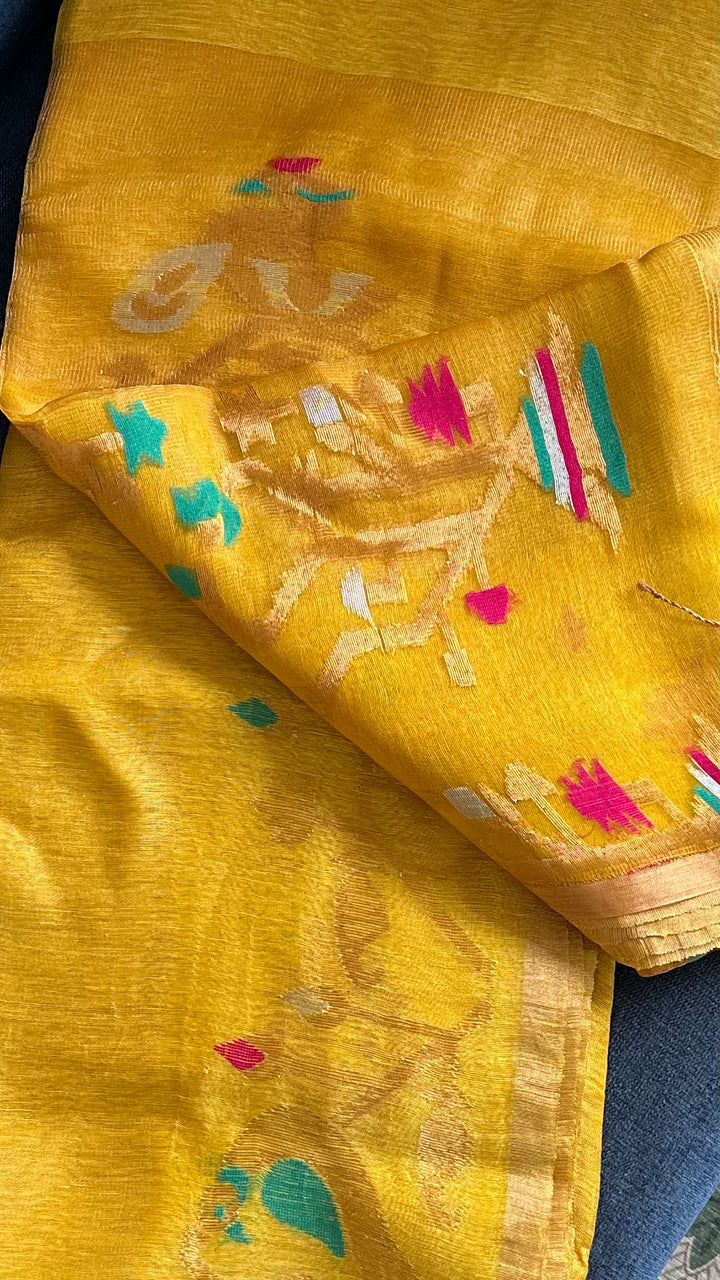 SUPER PREMIUM HANDWOVEN JAYASHREE LINEN BY TISSUE SILK NEEDLE-WORK JAMDANI SAREE - MUSTARD YELLOW