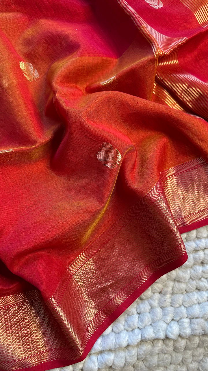 WARM RED & SUNSHINE YELLOW DUAL TONE- PREMIUM HANDWOVEN MAHESHWARI SILK BY COTTON SAREE