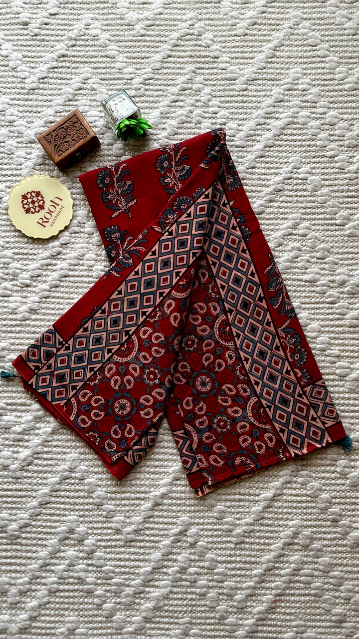 PREMIUM AJRAKH HAND BLOCK PRINTED PURE SOFT COTTON SAREE- 001