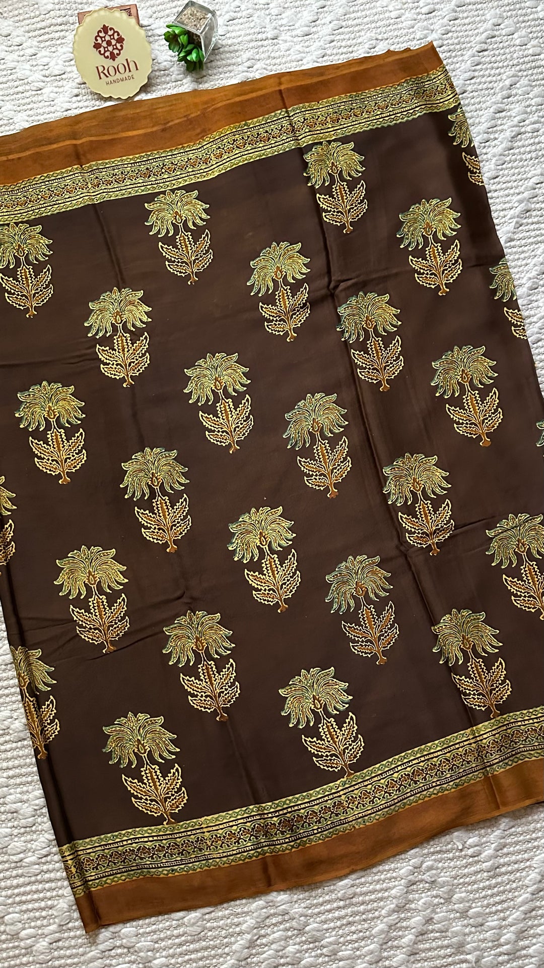 CINNAMON BLOSSOMS - DEEP BROWN PREMIUM AJRAKH HAND BLOCK PRINTED MODAL SILK SAREE(ONLY AVAILABLE ON PRE ORDER- DISPATCH TIME IS 30-45 DAYS)