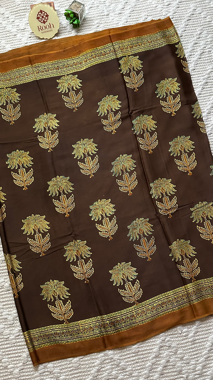 CINNAMON BLOSSOMS - DEEP BROWN PREMIUM AJRAKH HAND BLOCK PRINTED MODAL SILK SAREE(ONLY AVAILABLE ON PRE ORDER- DISPATCH TIME IS 30-45 DAYS)