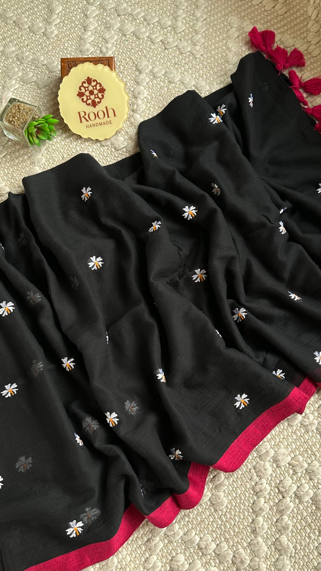 SHIULI - BLACK WITH PINK BORDER SUPER SOFT MUL COTTON SAREE (DISPATCH TIME- 7 TO 10 DAYS)