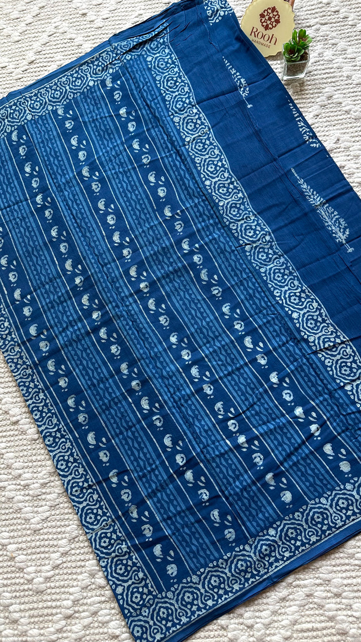 AKOLA INDIGO HAND BLOCK DABU PRINTED SOFT MULMUL COTTON SAREE- 016