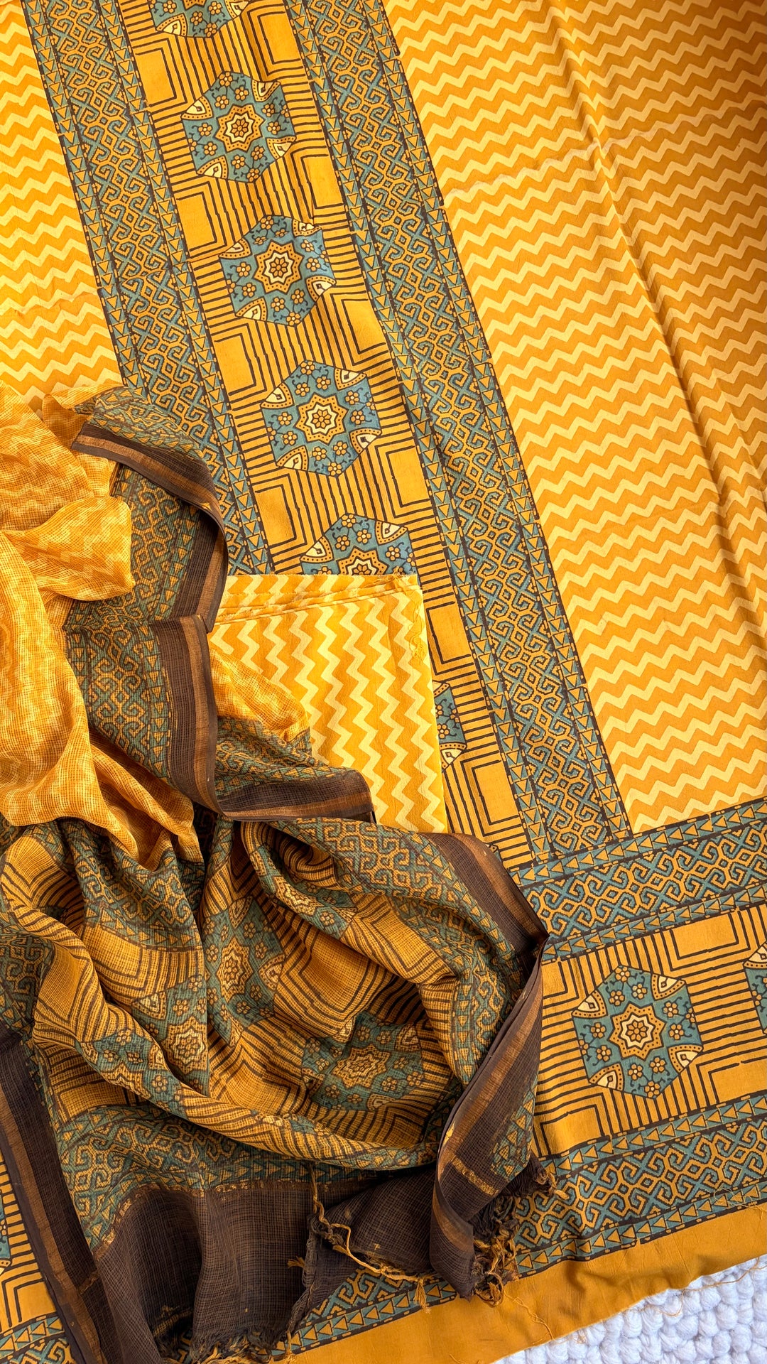 AJRAKH HANDBLOCK PRINTED UNSTITCHED DRESS MATERIAL (SET OF THREE)- YELLOW CHARM