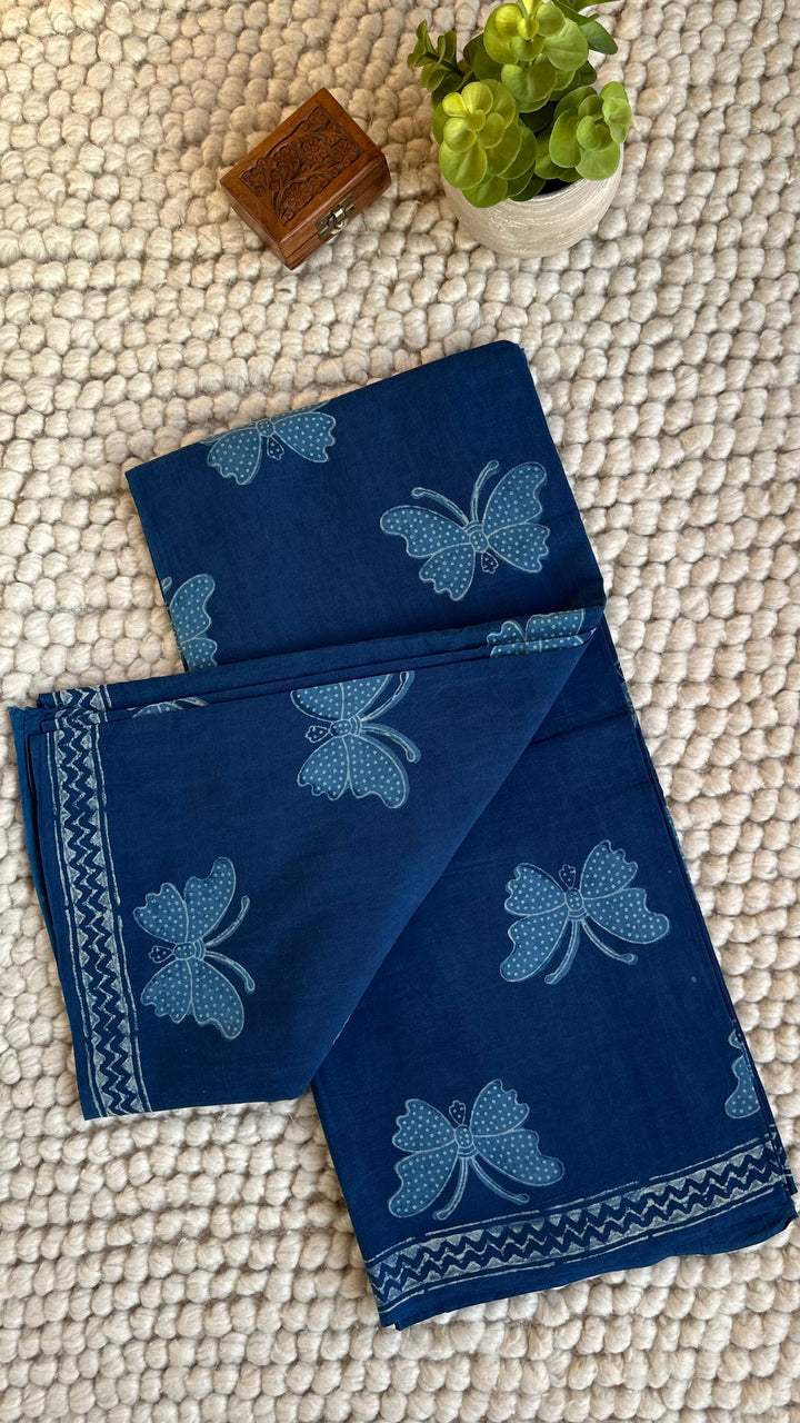 AKOLA INDIGO HAND BLOCK DABU PRINTED SOFT MULMUL COTTON SAREE- 025