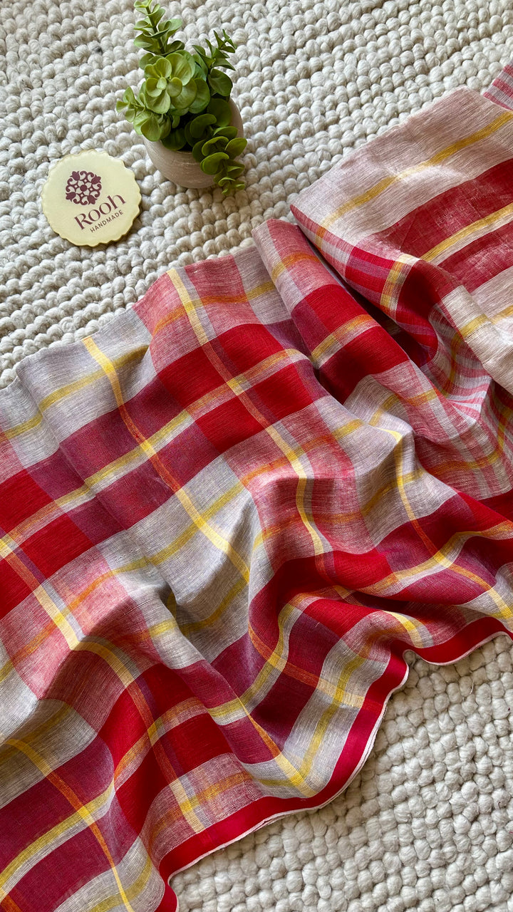 Multi Colour Checked Pure Handwoven Linen Saree - 003
