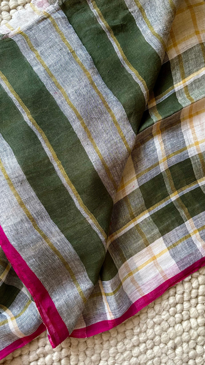 Multi Colour Checked Pure Handwoven Linen Saree - 006