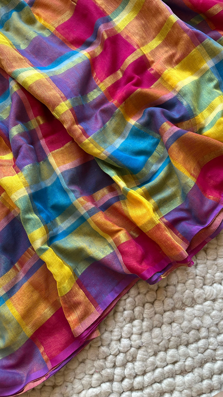 HANDWOVEN MULTICOLOUR ZARI CHECKS PURE MULMUL COTTON SAREE - 09