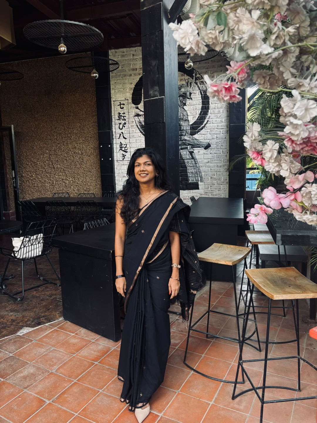 PREMIUM JAMDANI WEAVE HANDWOVEN AND HANDSPUN COTTON SAREE - MIDNIGHT BLACK