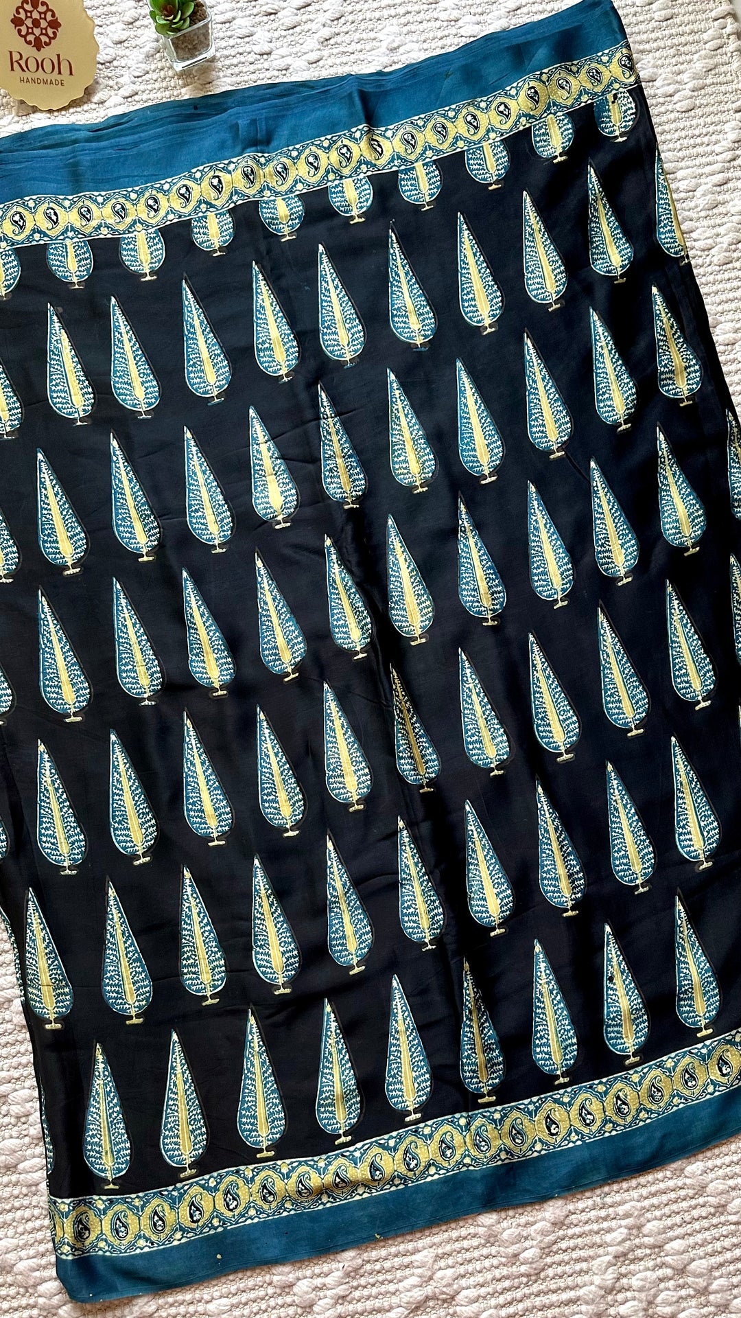 MIDNIGHT PINES - SUPER PREMIUM & BUTTERY SOFT AJRAKH HAND BLOCK PRINTED MODAL SILK SAREE