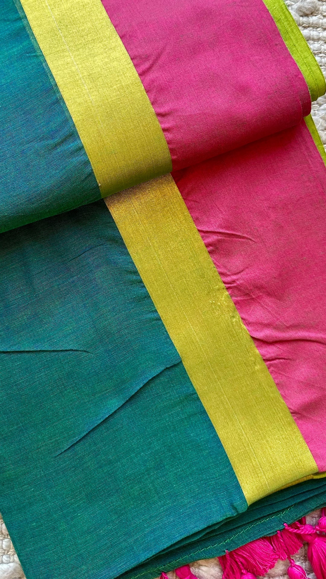 PEACOCK GREEN WITH CONTRAST PINK BORDER-  SUPER SOFT MUL COTTON SAREE