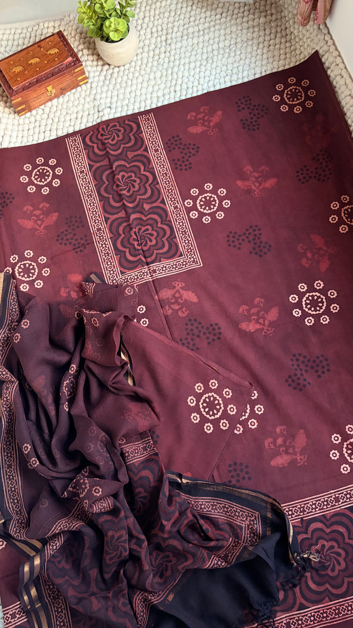 AJRAKH HANDBLOCK PRINTED UNSTITCHED DRESS MATERIAL (SET OF THREE)- RUSTY BROWN