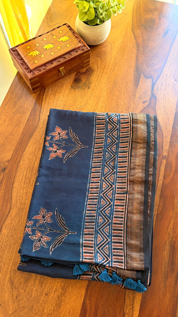 AJRAKH HAND BLOCK PRINTED MAHESHWARI SILK COTTON SAREE - 04
