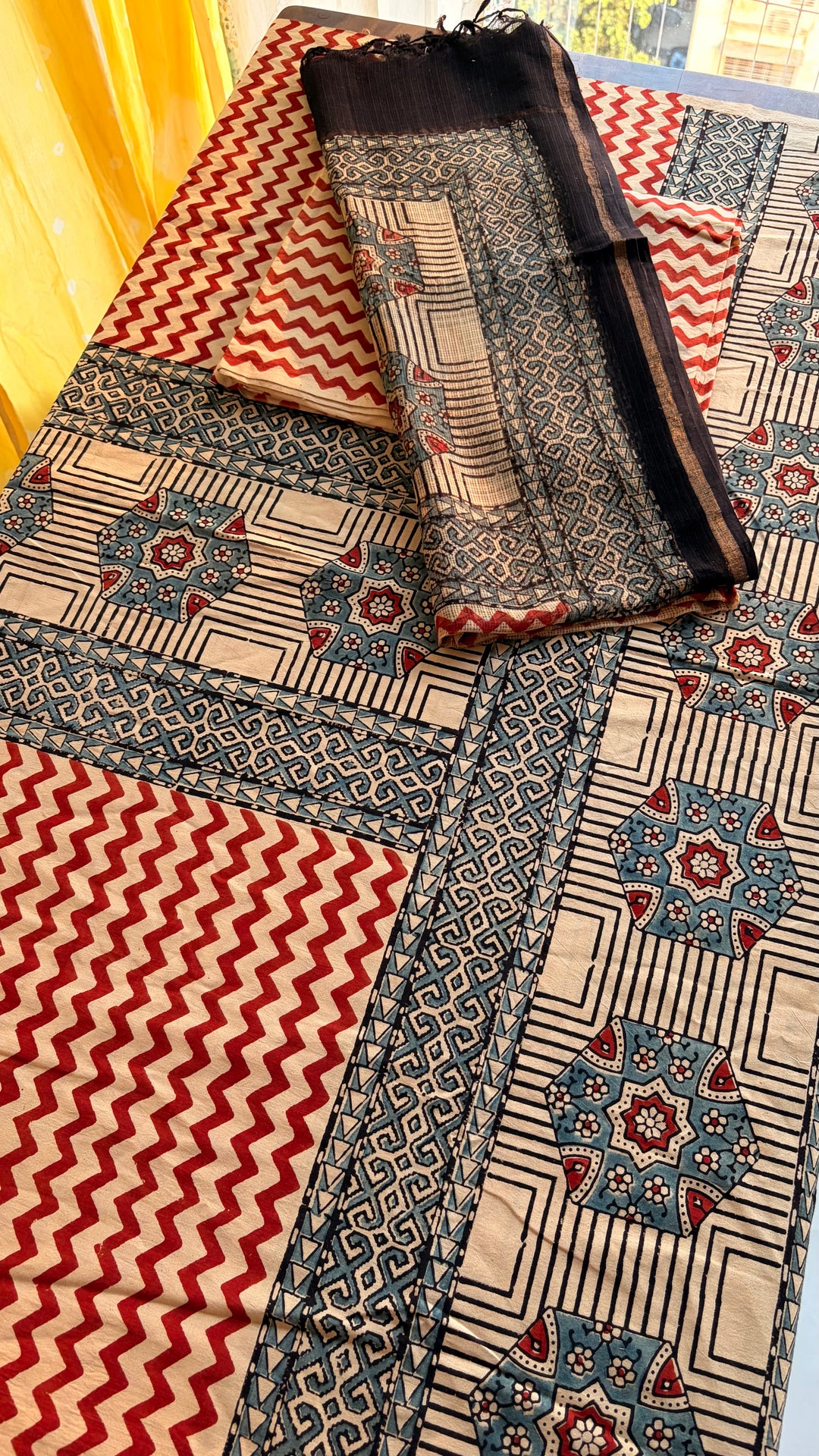 AJRAKH HANDBLOCK PRINTED UNSTITCHED DRESS MATERIAL (SET OF THREE)- BEIGE LOVE