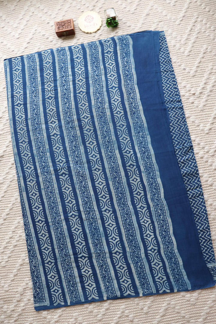 AKOLA INDIGO HAND BLOCK DABU PRINTED SOFT MULMUL COTTON SAREE- 023