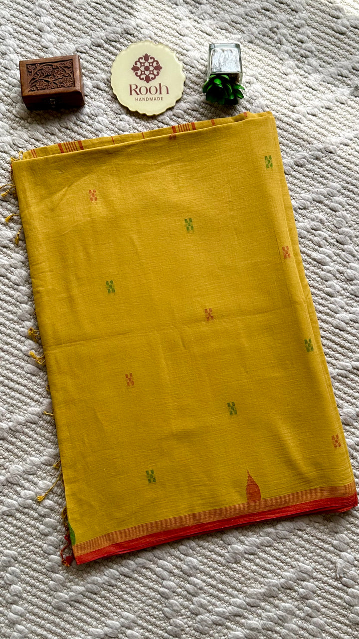 PREMIUM JAMDANI WEAVE HANDWOVEN AND HANDSPUN COTTON SAREE -  AMBER YELLOW
