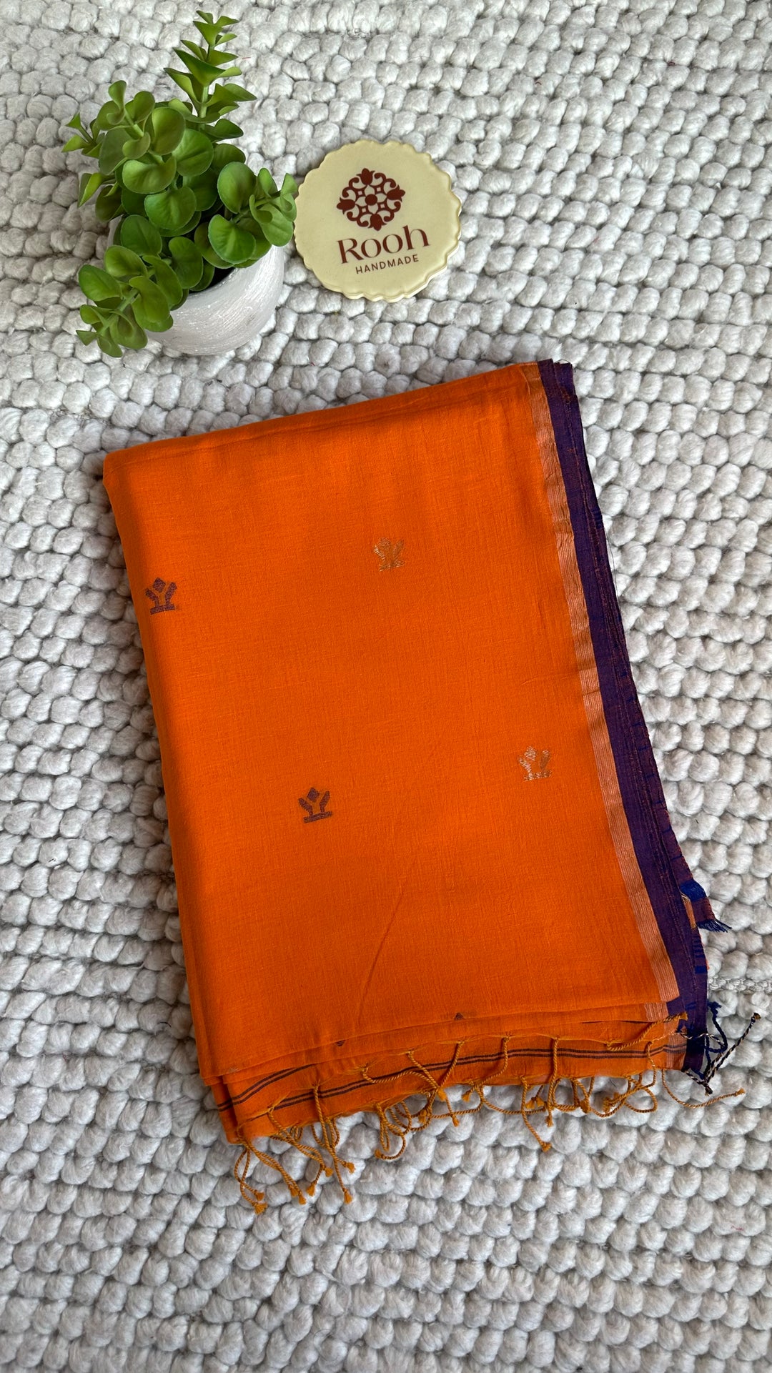 PREMIUM NEEDLE WORK JAMDANI HANDWOVEN AND HANDSPUN COTTON SAREE - SAFFRON ORANGE