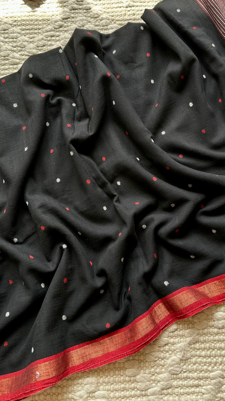 PREMIUM JAMDANI WEAVE HANDWOVEN AND HANDSPUN COTTON SAREE -  POLKA DOTS ON MIDNIGHT BLACK