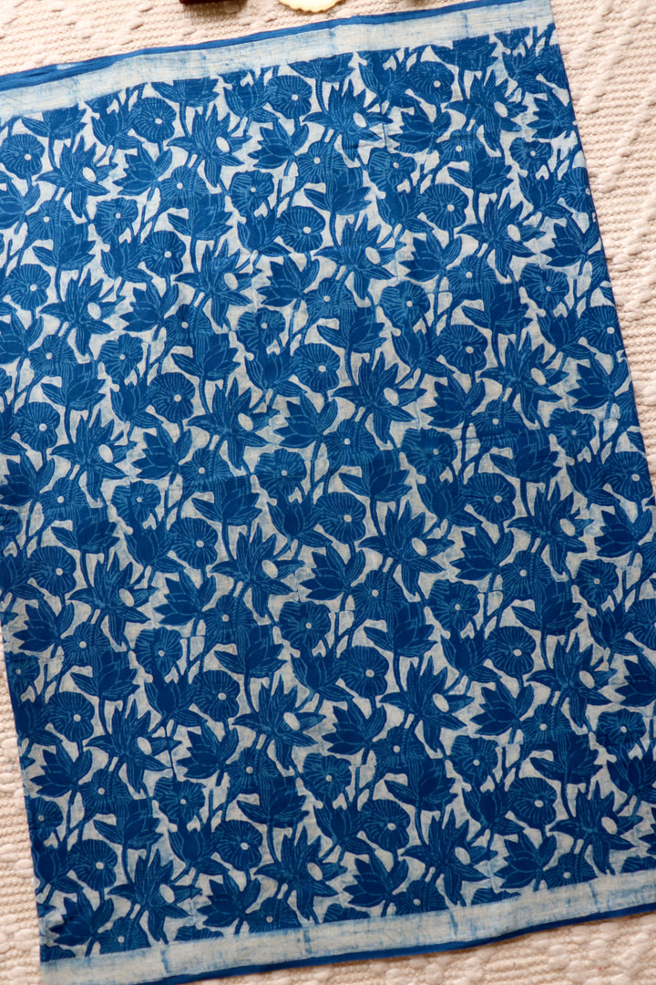 AKOLA INDIGO HAND BLOCK DABU PRINTED SOFT MULMUL COTTON SAREE- 002
