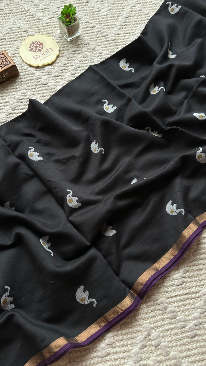 PREMIUM JAMDANI WEAVE HANDWOVEN PURE SILK BY PURE COTTON SAREE - OXFORD BLACK