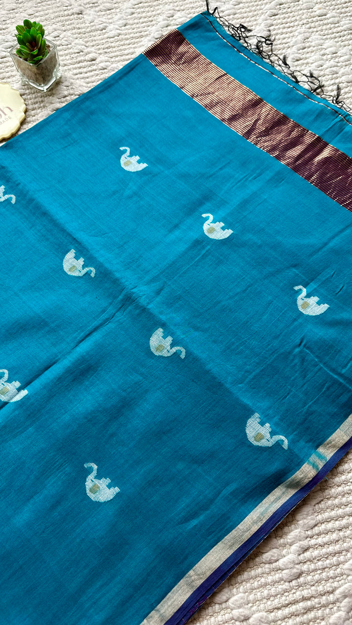 PREMIUM JAMDANI WEAVE HANDWOVEN PURE SILK BY PURE COTTON SAREE - TEAL BLUE