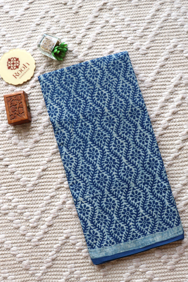 AKOLA INDIGO HAND BLOCK DABU PRINTED SOFT MULMUL COTTON SAREE- 024