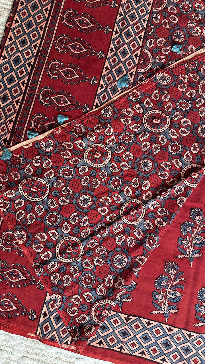 PREMIUM AJRAKH HAND BLOCK PRINTED PURE SOFT COTTON SAREE- 001