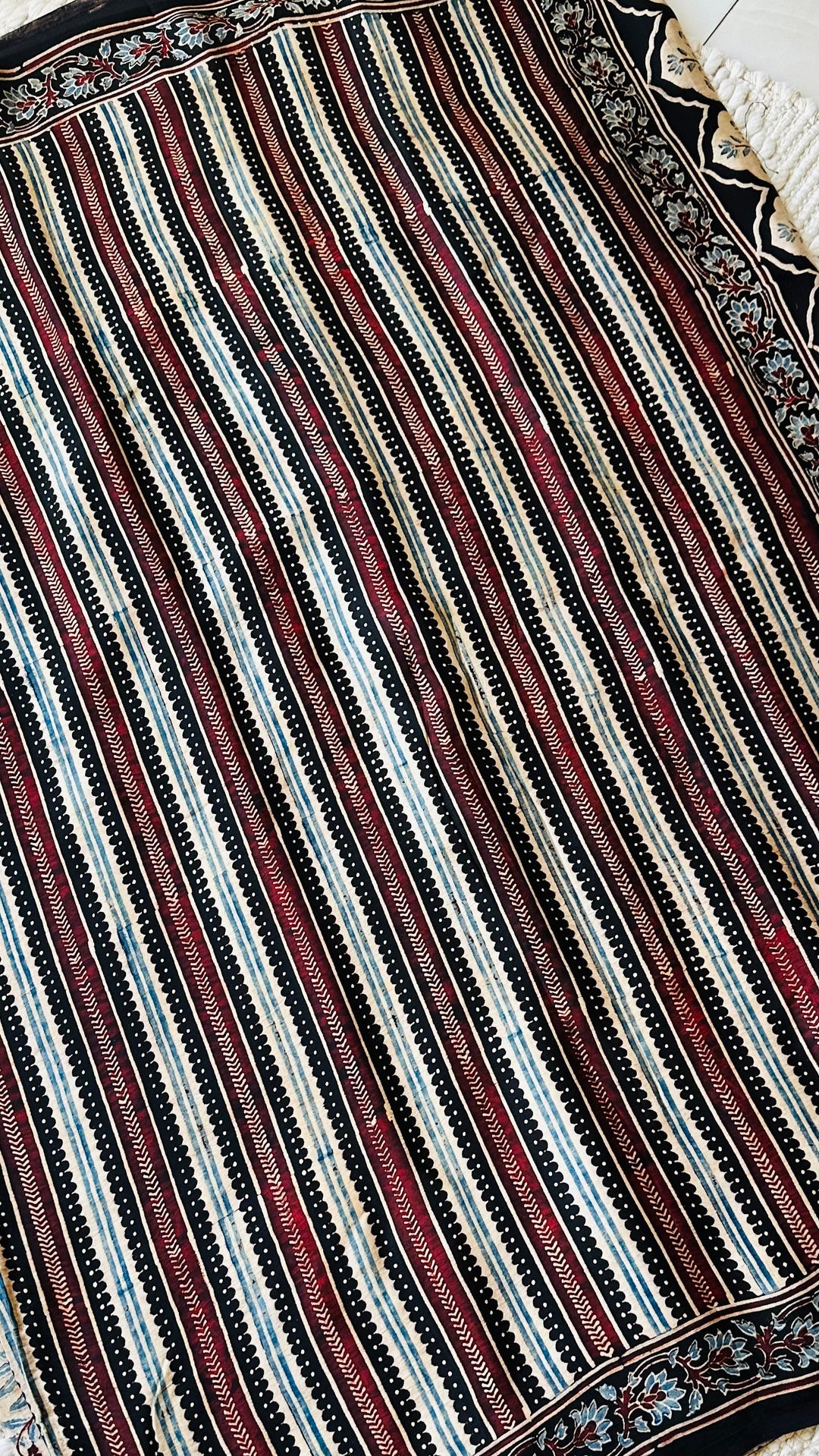 VRITIKA- BLACK STRIPED AJRAKH HAND BLOCK PRINTED PREMIUM MODAL SILK SAREE (ONLY AVAILABLE ON PRE ORDER- DISPATCH TIME IS 45-50 DAYS)