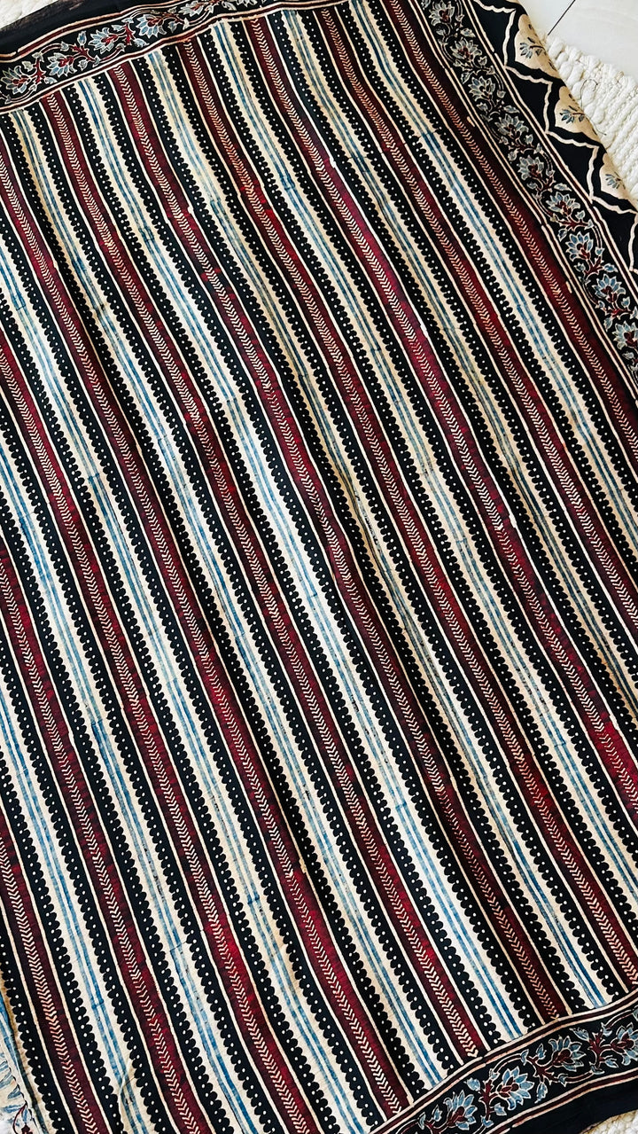 VRITIKA- BLACK STRIPED AJRAKH HAND BLOCK PRINTED PREMIUM MODAL SILK SAREE (ONLY AVAILABLE ON PRE ORDER- DISPATCH TIME IS 45-50 DAYS)