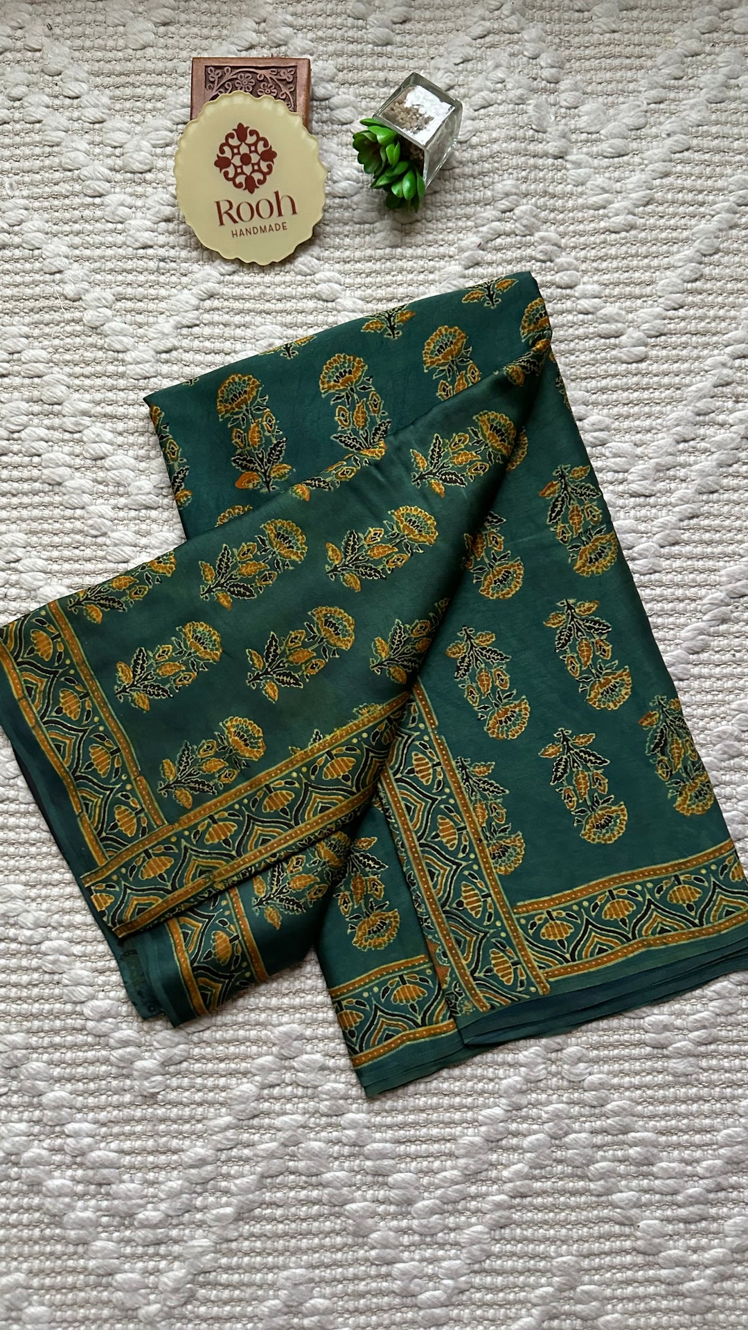 MAHIKA - DEEP GREEN PREMIUM AJRAKH HAND BLOCK PRINTED MODAL SILK SAREE