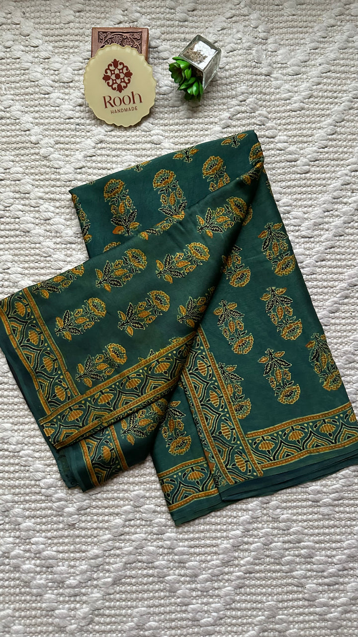 MAHIKA - DEEP GREEN PREMIUM AJRAKH HAND BLOCK PRINTED MODAL SILK SAREE