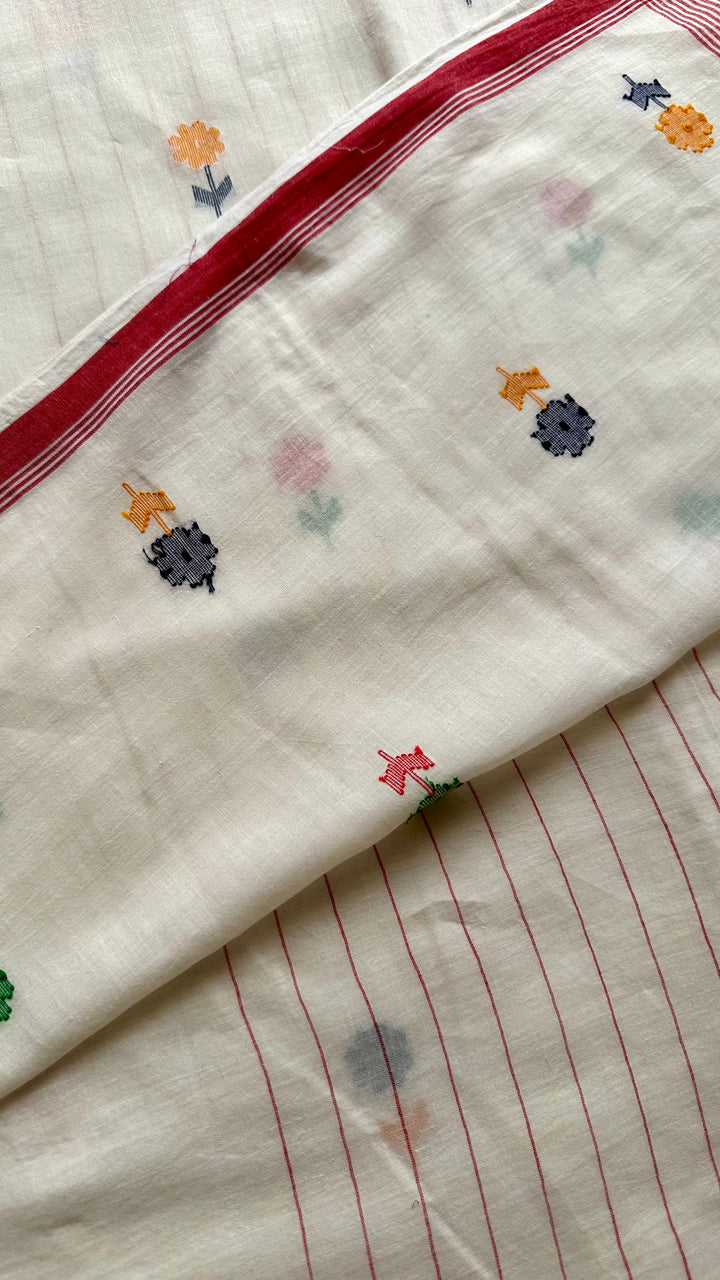 PREMIUM JAMDANI WEAVE HANDWOVEN AND HANDSPUN COTTON SAREE - WHITE & RED BLOSSOMS