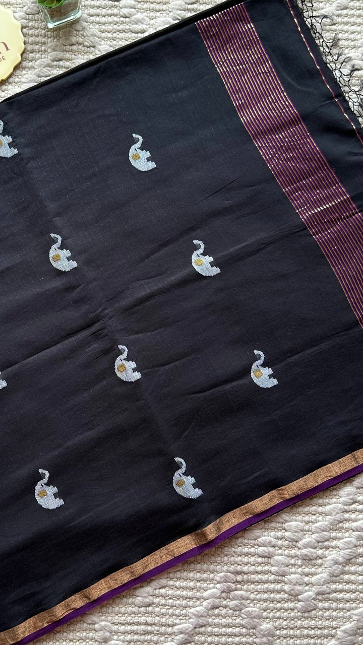 PREMIUM JAMDANI WEAVE HANDWOVEN PURE SILK BY PURE COTTON SAREE - OXFORD BLACK