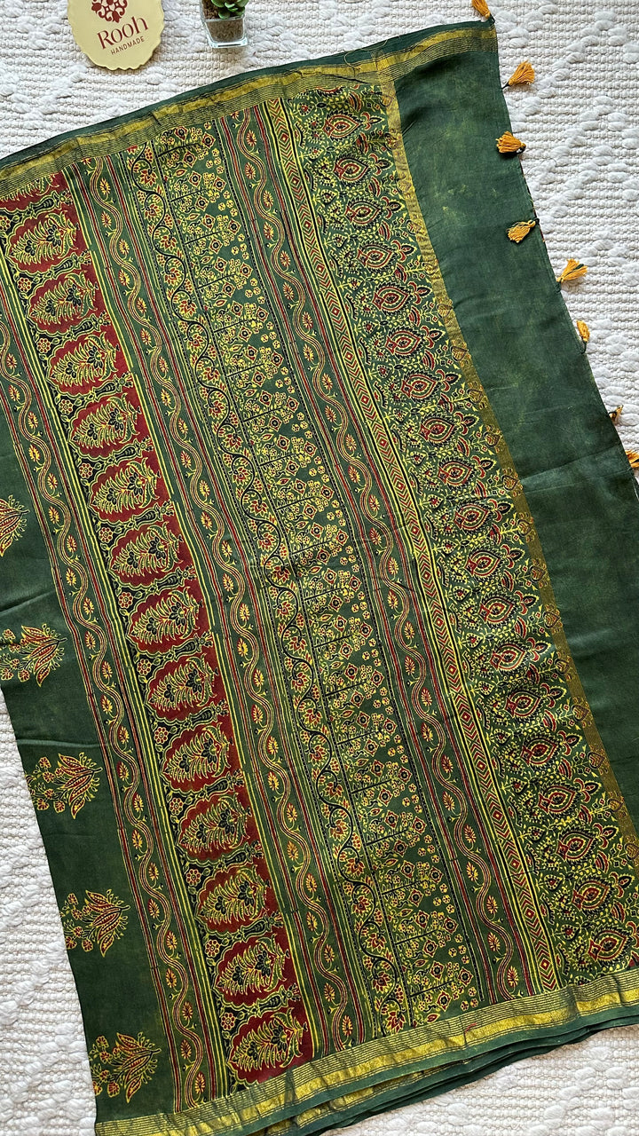 LOTUS PANES - MADDER RED AND GREEN AJRAKH HAND BLOCK PRINTED SILK COTTON SAREE